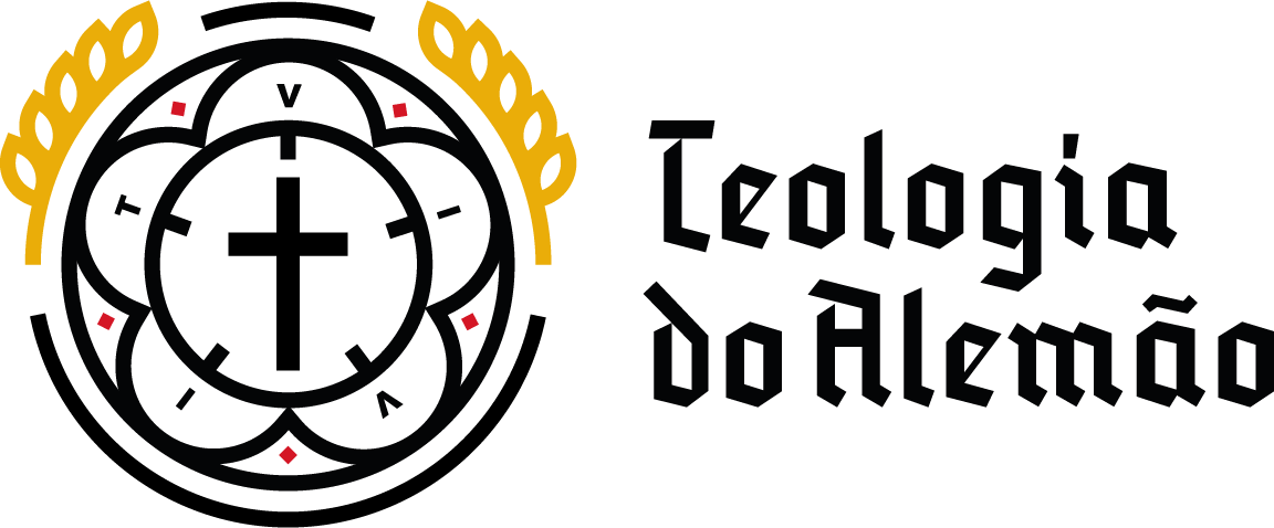 Logo circular contendo a silhueta de uma rosa, dois ramos de trigo em amarelo em ambos os lados e uma curz ao centro. Texto Teologia do Alemão ao lado